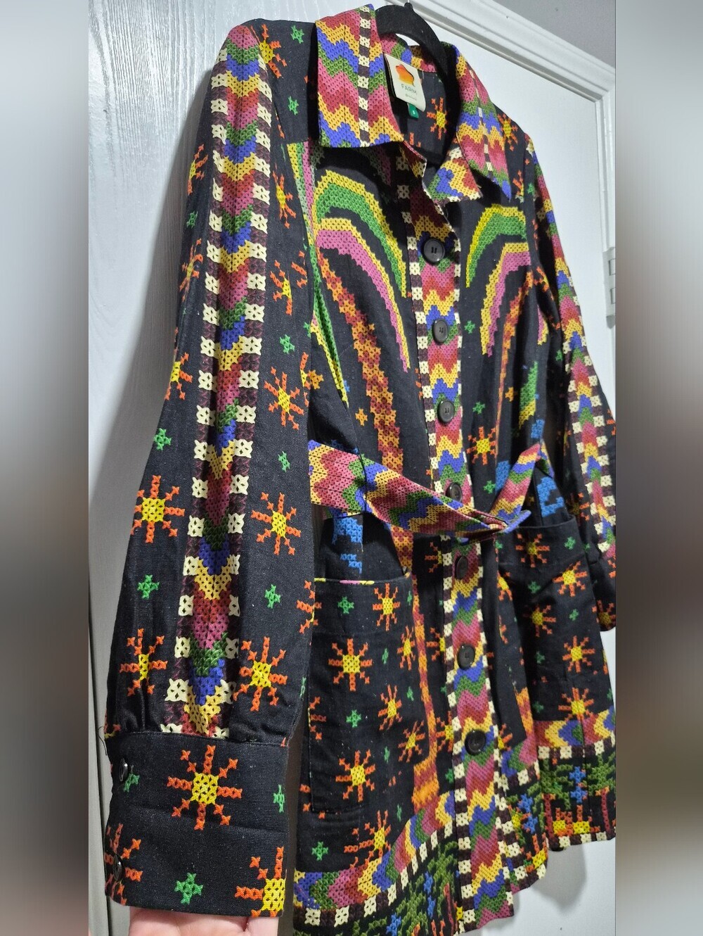 Farm Rio Macaw Night Long Sleeve Linen Blend Mini Colorful Belt Dress Size S - Picture 5 of 15